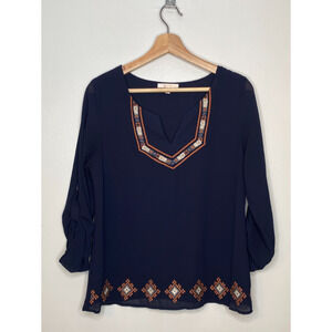 Skies Are Blue Embroidered Top Women's Small Southwestern Boho 3/4 Sleeve Blouse